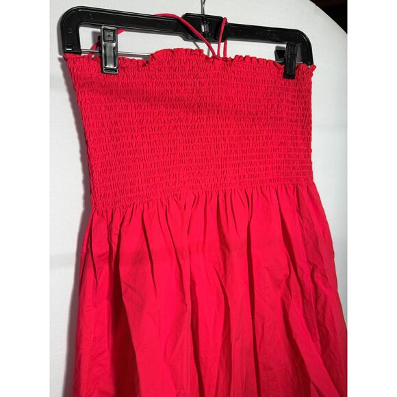 Hill House Roxie Nap Raspberry Red Cotton Smocked Tie Neck Mini Dress - Picture 4 of 7